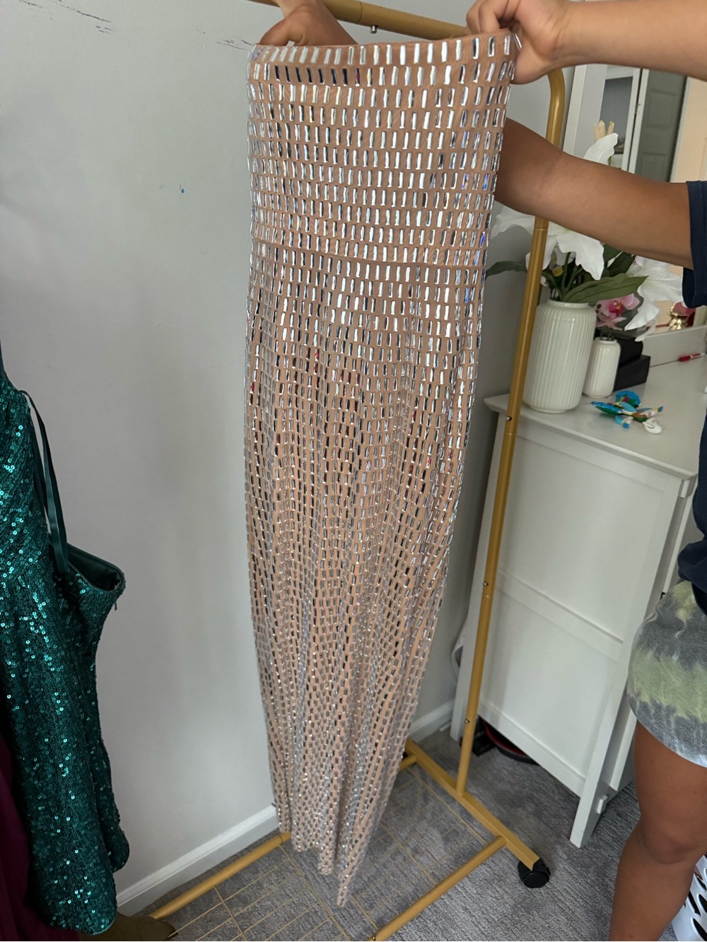 Oh Polly Nude Sequin Mesh Maxi Skirt